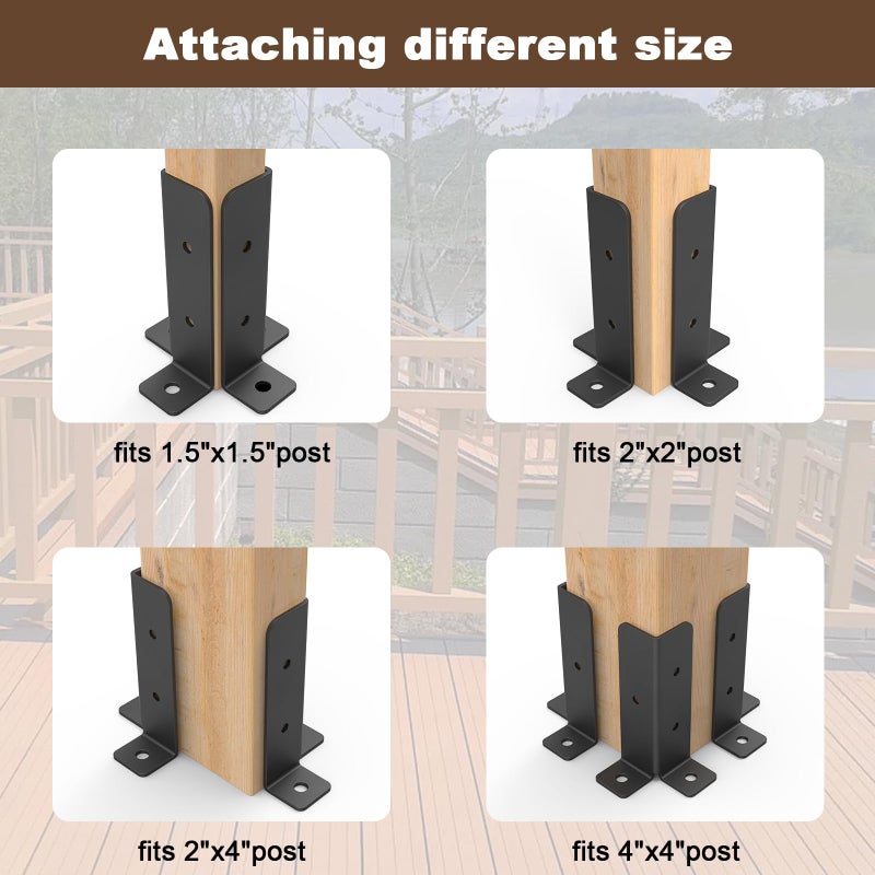 Linone 8 pcs Adjustable Deck Post Anchor Base Brackets Fit 1.5x1.5,2x2,2x4,4x4 Post,Wood Fence Pergola Post Base Brackets Kit,Heavy Duty Half Column Black Post Brackets Support Base Brackets for Deck Railing - Image 3